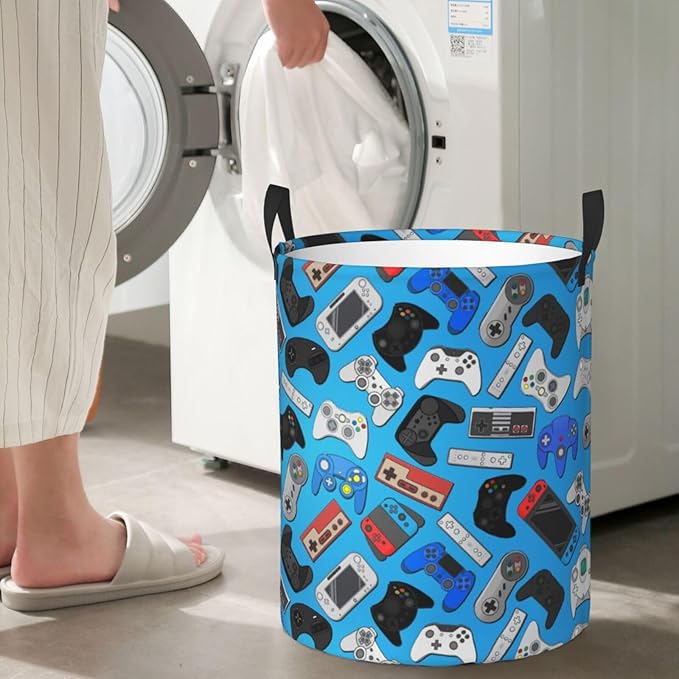 Video Game Controller Background Round Laundry Hamper Gaming Theme Game Joysticks Storage Basket Toys Clothes Organizer Bin For Home Bathroom Bedroom Dorm Nursery, 62l