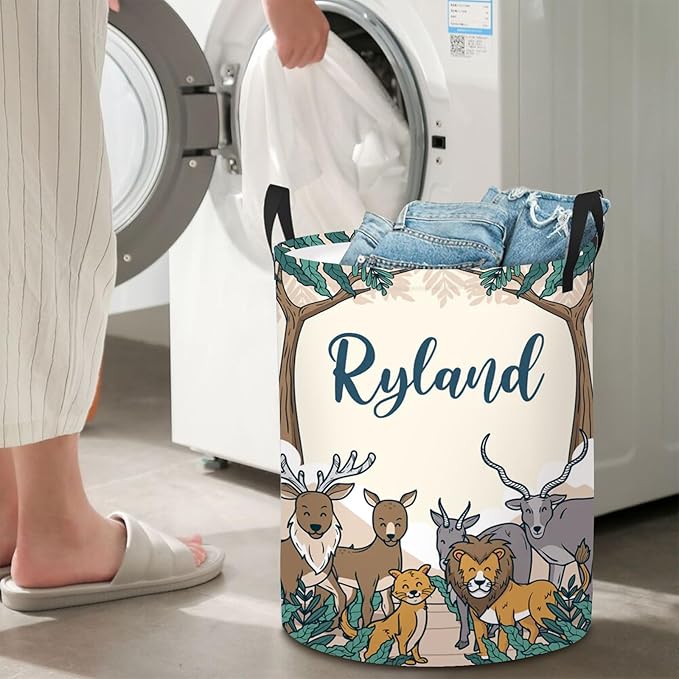 Personalized Baby Boys Laundry Hamper for Nursery, Custom Name Woodland Animals Laundry Baskets for Toddler Kids Adults, Personalized Gift Baby Name Laundry Hamper with Handles