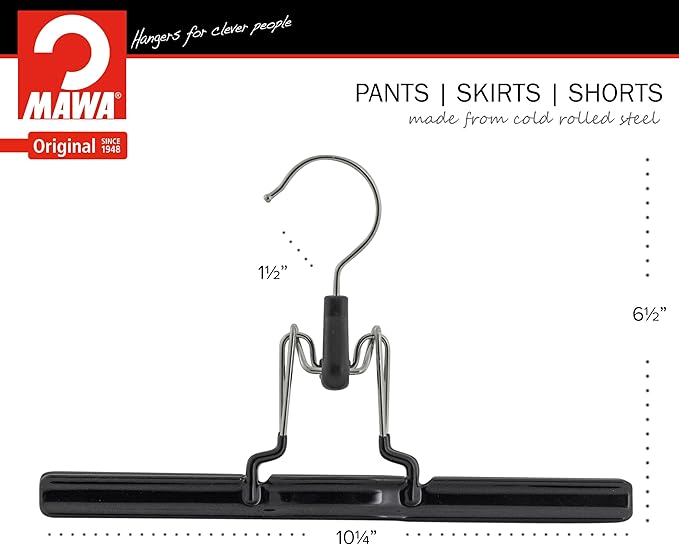 Mawa by Reston Lloyd Non-Slip Space-Saving Clothes Hanger with Clamp for Pants and Skirts, Style M/26, Set of 6, Black