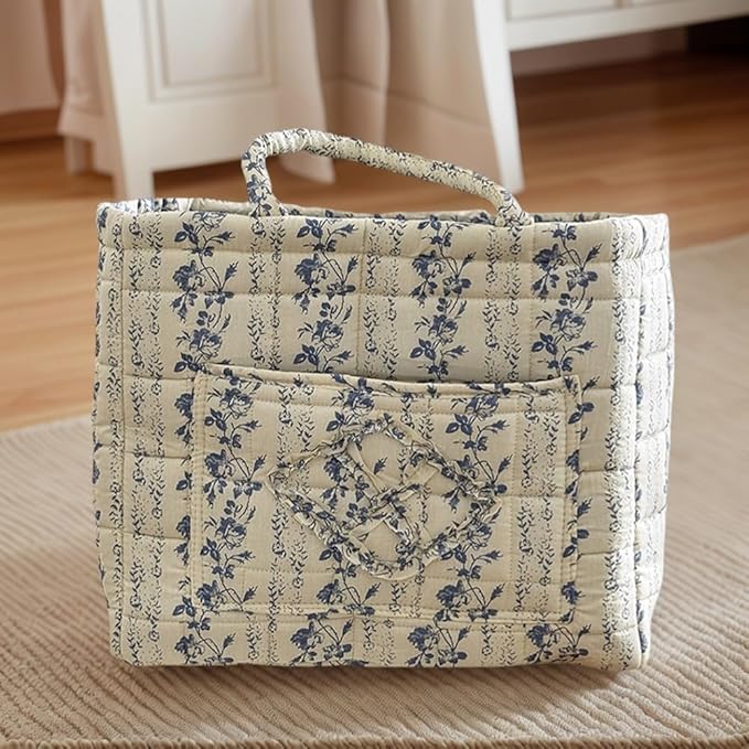Quilted Laundry Basket Floral Storage Basket Cute Fabric Laundry Baskets Large Boho Foldable Nursery Hamper (Floral09)