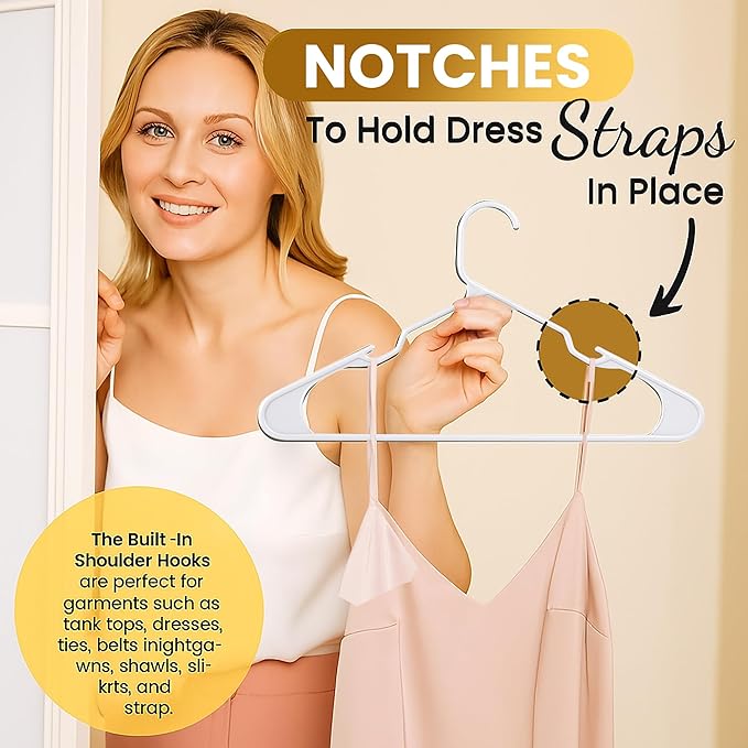100 Pack Adult Plastic Hanger for Shirt Pants Coats Dresses Skirts Suits Jackets - Standard Thick Coat Hanger - Sturdy & Durable Design with Shoulder Grooves Hook - White