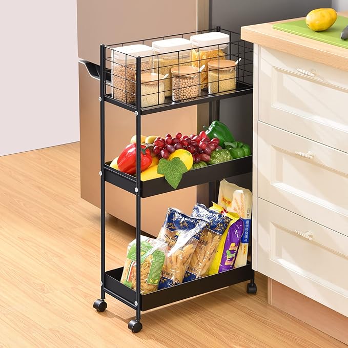 APEXCHASER Slim Storage Cart,3-Tier Metal Utility Rolling Cart with Wheels,Slide Out Storage Cart,Small Rolling Trolley Kitchen Cart,Black Cart for Bathroom Laundry Room Office Narrow Place,Black