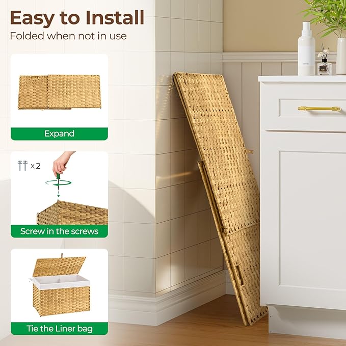 GREENSTELL Storage Basket with Lid, 42.3 Gallon(160L) Lagre Wicker Blanket Storage Basket with Handles, Foldable, 2 Removable Liner Bags, Metal Frame, for Bedroom, Laundry Room, Brown,30"*18.1"*18.1"