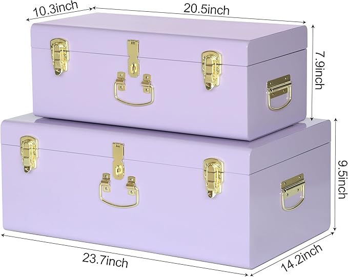 Vixdonos Storage Trunk Chest Decorative Large Metal Box Set of 2 College Dorm Organizer with Hardware Hasps and Handle for Home Deocr,23.7X14.2X9.5 Inches