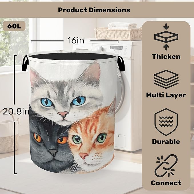 Cat Laundry Basket - Laundry Basket with Handles, Dirty Clothes Storage Basket for Women Girls, Cloth Storage Basket for Bedroom, Bathroom