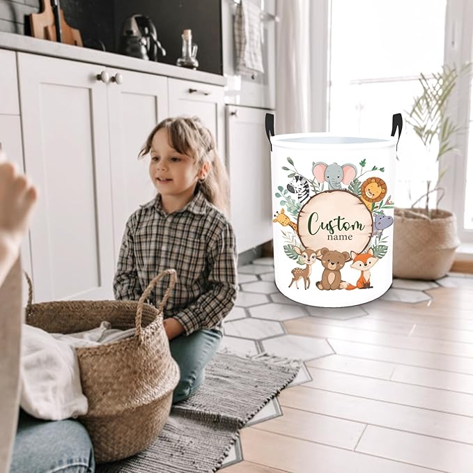 Personalized Baby Basket for Laundry, Custom Name Laundry Baskets for Kids Girls Boys Adults, Customize Kids Clothes Hamper, Safari Animals Print Storage Basket with Handles