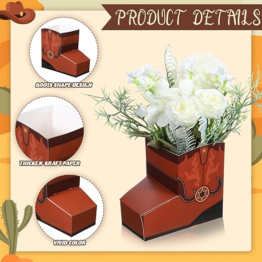 24 Pcs Cowboy Boots Paper Boxes Western Theme Party Decorations Favors Wild West Popcorn Boxes Boot Shape Bag for Cowboy Birthday Bachelorette Baby Shower Party Supplies(Brown)