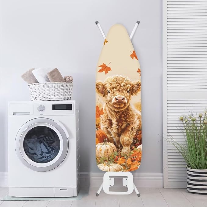 SEANATIVE Thanksgiving Day Ironing Board Cover and Pad 15x54 Inches, Aesthetic Iron Board Covers Washable Cloth Cover for Most Standard Size Board, Pumpkins Highland Cow
