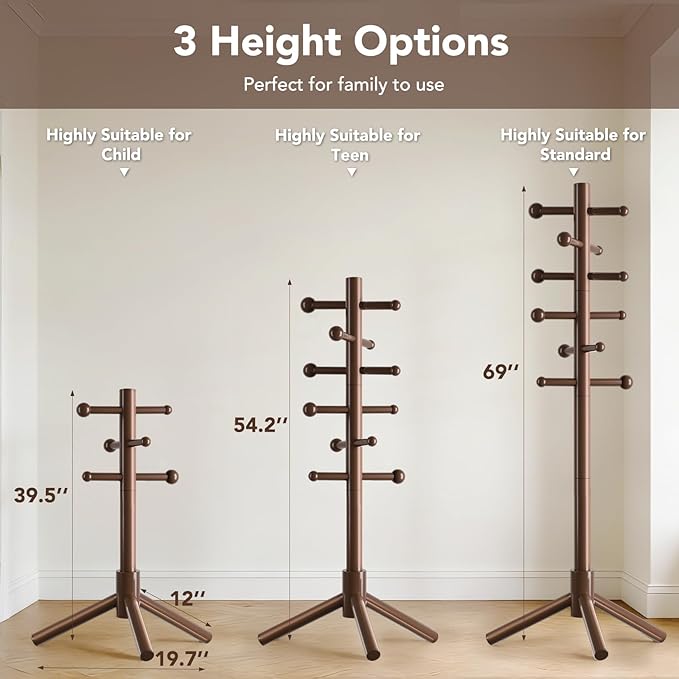 Wooden Coat Rack Freestanding with 12 Hooks 3 Adjustable Heights，Standing Coat Rack Tree for Hat and Coat Rack for Small Spaces Entryway,Office,Bedroom,Brown