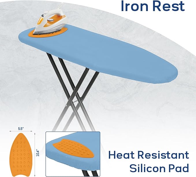 Compact Ironing Board Full Size 43x13 with Extra Thick Padded Cover, Height Adjustable Iron Board with Hanger, Easy to Fold Space Saver Design for Dorm Apartment Small Laundry Rooms, Blue