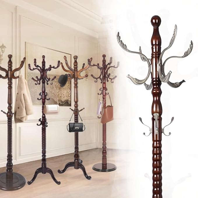 Coat Rack Freestanding,Solid Wooden Coat Rack Stand with 3 Height Options,14 Hooks, Natural Birch Coat Tree Easy to assemble for Clothes Jacket Hat bag Entryway (mahogany) (Nostalgic)