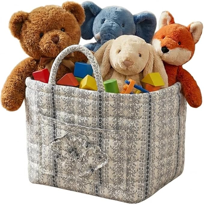 Quilted Fabric Basket Car Storage Basket Boho Floral Laundry Hamper for Nursery Bedroom & Living Room | Organize Clothes Toys