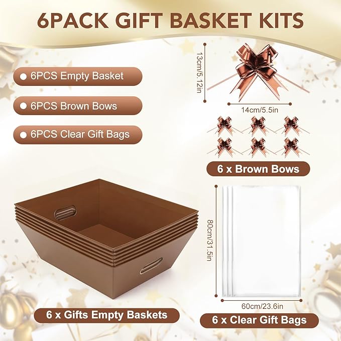 6PACK Baskets for Gifts Empty, 10x12”Thick Brown Gift Basket with Handles 6 Bows 6 Bags Empty Gift Baskets for Christmas Thanksgiving Wedding Birthday Party Wrapping Gift