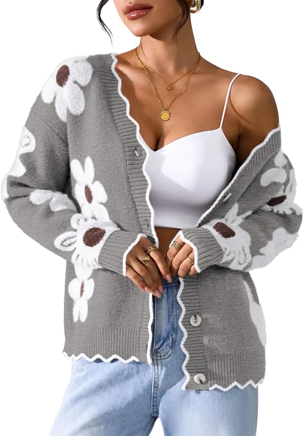 Pink Queen Fuzzy Sweater Cardigan for Women 2025 Fashion Long Sleeve Flower Outerwear Button Down Open Front Cardigan Coat