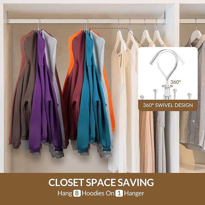 ZEDODIER Hoodie Hangers, 2 Pack Rotatable Hoodie Organzier for Closet, Max 16 Storage Capacity Hoodies Holder, Metal Space Saving Closet Organizers and Storage, Silver