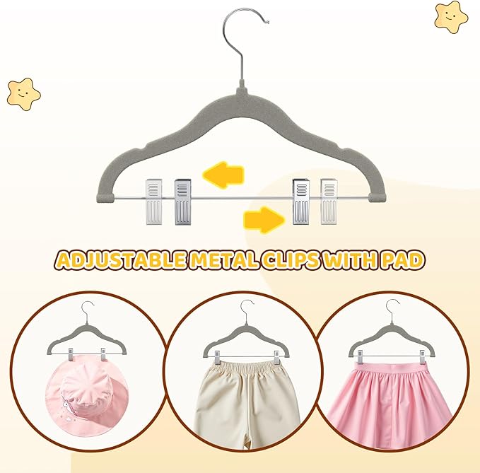 Flottian 36-Pack Baby and Kids Velvet Hangers with Clips, Non Slip and Space-Saving Kids Pants Hangers for Baby/Toddler Pants, Skirts, Coats, Gray