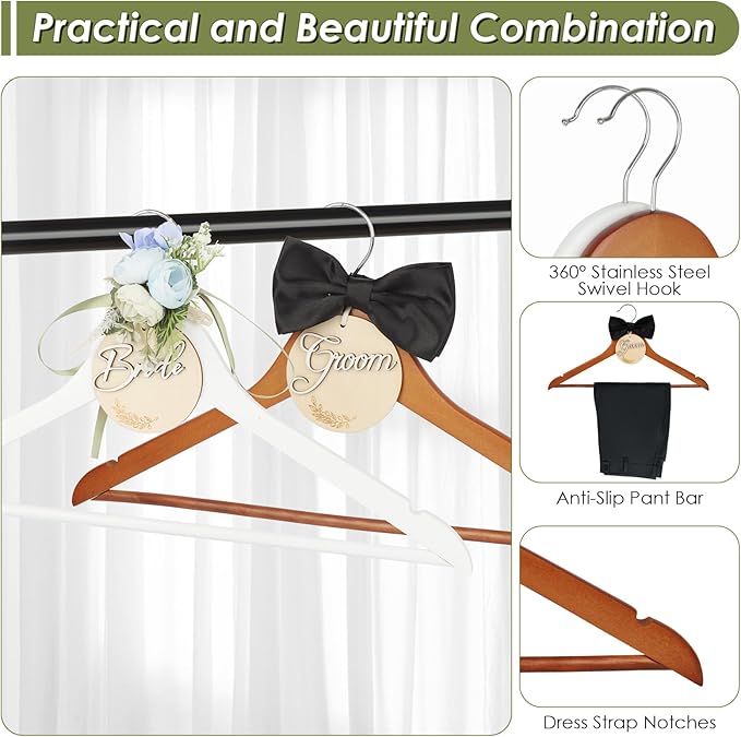 Bride & Groom Hanger - 2 Pack Personalized Name Tags, Dark & White Wood Bridal Dress Hanger, Ideal Keepsake for Wedding Day Photos & Gift