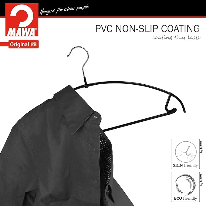 Mawa by Reston Lloyd Euro Ultra Light/Thin Series, Non-Slip Space Saving Clothes Hanger with Bar & Hook for Pants and Skirts, Style 42/PTU, Set of 130, Black