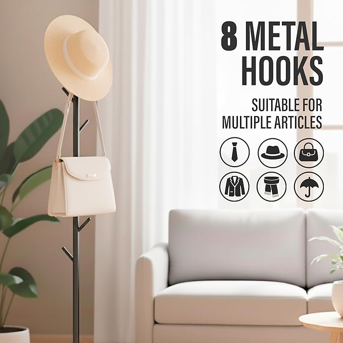 Coat Rack Freestanding Metal Clothing Rack – Modern Clothes Organizer with 8 Coat Hooks – Space-Saving Hall Tree for Entryway, Bedroom, Office – Sturdy Minimalist Coat Hanger & Garment Rack (Black)