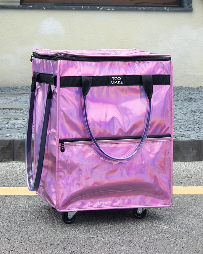 Reusable Grocery Bag on Wheels, Shopping Bags with Wheels and Handle, Folding Rolling Tote Trolley, Zipper Cover, Carries Up to 46 LBS, Waterproof (Medium, Phantom Pink)