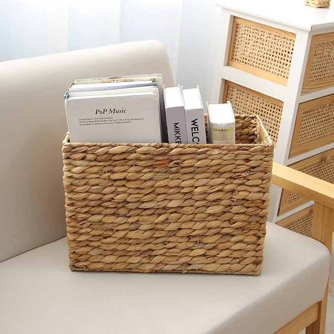 YAHUAN Natural Water Hyacinth Storage Basket with Built-in Handles Stair Basket Magazine Basket Large Wicker Baskets for storage Home Organizing Laundry (Water Hyacinth)