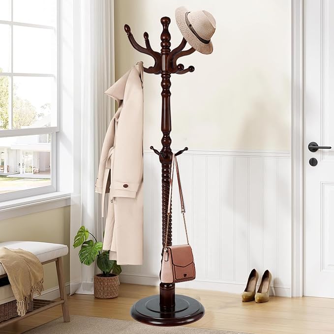 Wooden coat rack stand, Heavy duty coat racks tree freestanding with 11 Hooks and Sturdy Round Base, Coat tree for jacket,Hats, Bags, Purses, clothes (Round base-Dark brown)