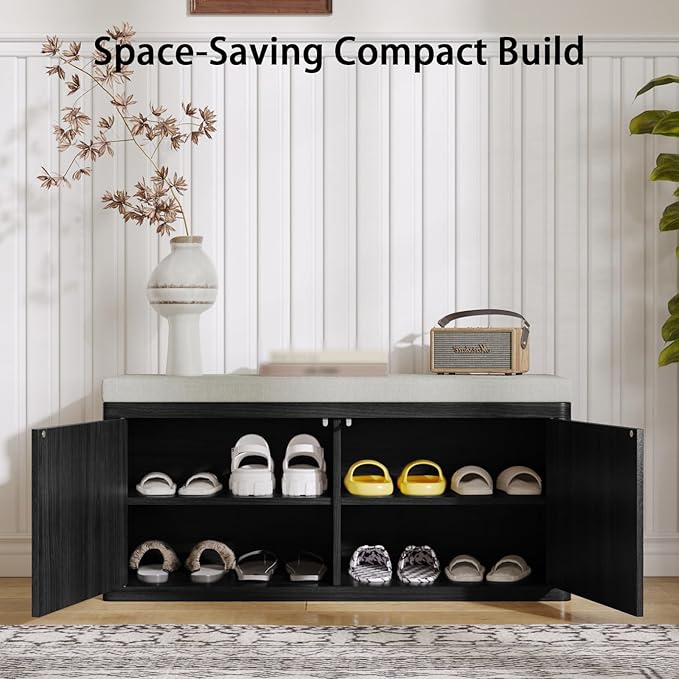 Double Layered Shoe Cabinet with Bench,Wooden Shoe Bench with Soft Cushion,Double Door without Handle Pressing Spring,Fluted Panel,Suitable for Entrance,Corridor and Living Room (Shoe Bench-Black)