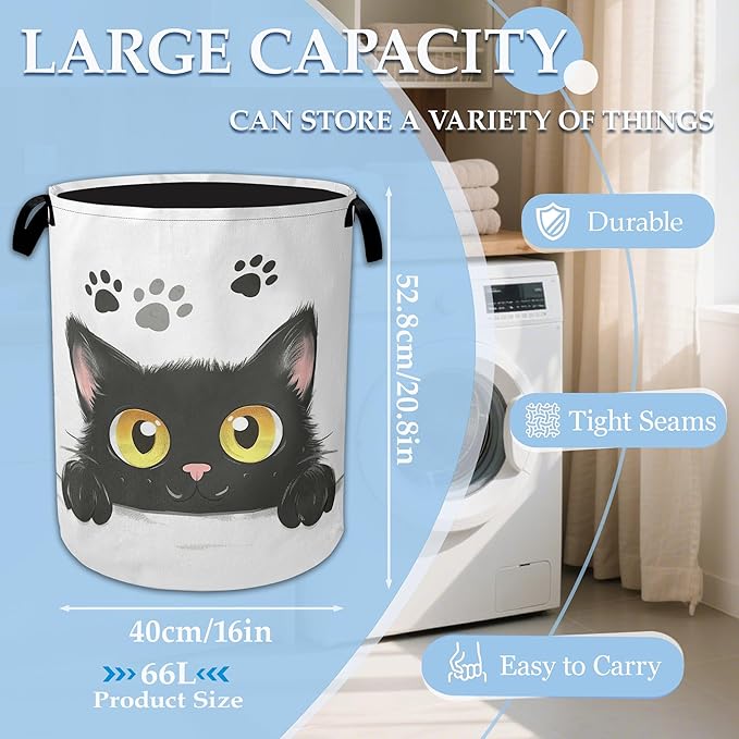Cute Black Cat Laundry Basket Collapsible Laundry Hamper Oxford Clothes Toy Storage Bin for Bathroom Bedroom Room Decor 16 X 20.8 Inch
