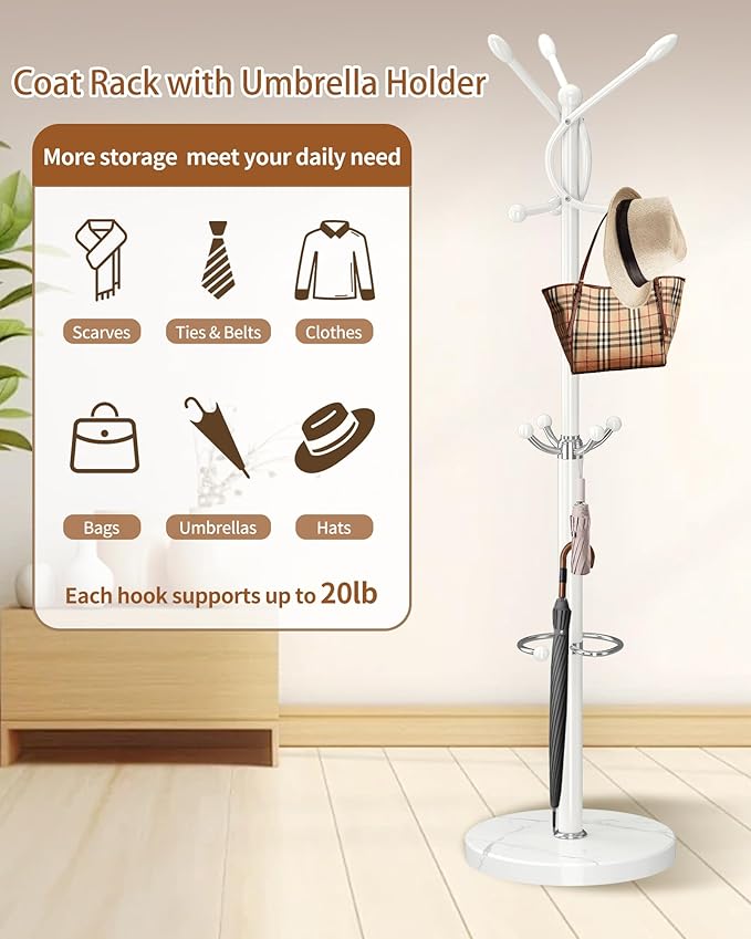 Metal Coat Rack with Natural Marble Base, Coat Rack Stand with 12 Hooks & Umbrella Holder, White Modern Freestanging Coat Racks, Coat Jacket Hanger Tree Stand for Corner Entryway Office
