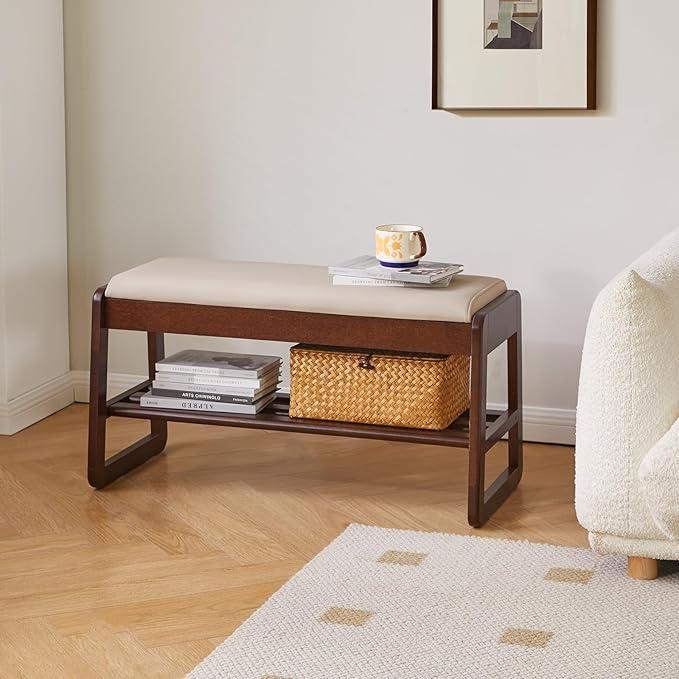 Shoe Rack Bench with Cushion, 2 Tiers Wood Shoe Bench with Flip-Top Storage, 31.5in Shoe Rack for Entryway, Hallway, Walnut Color YD-WD061B