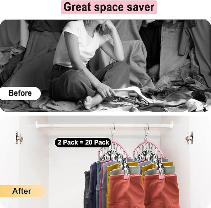 3Pack Legging Organizer for Closet,Upgrade Skirt Pants Hangers with Clips, Metal Yoga Pants Hangers 10 Clips,Hangers Space Saving Closet Organizers Rubber Coated Organizers Leggings Hanger(Pink)
