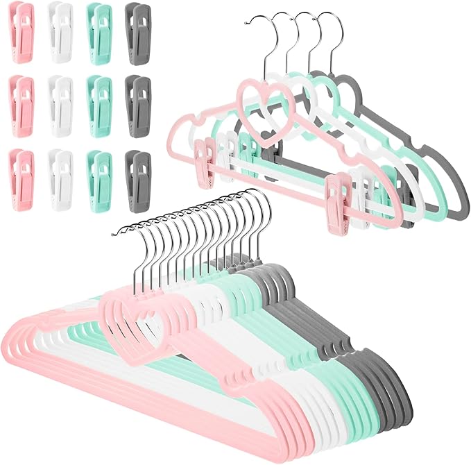 Tessco for you 20 Pcs Velvet Clothes Hangers with 20 Pcs Clips Non Slip Space Saving Skirt Hanger 360 Degree Swivel Hook Felt Heart Shaped Drying Rack for Pants (Multicolor, Velvet)