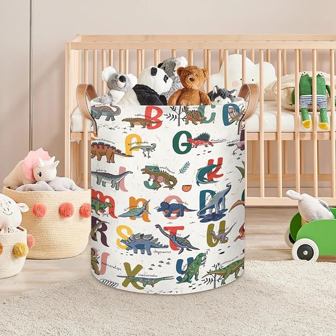 Alphabet Dinosaur Large Laundry Basket - Cartoon Animal Kids Laundry Hamper with Handles - Collapsible Dirty Clothes Organizer Boys Toy Storage Bin Nursery Hamper for Bedroom Bathroom Decor