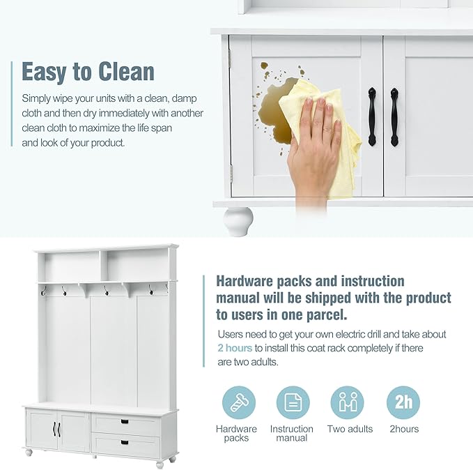80.3" Tall Hall Tree with Storage Cabinet and 2 Large Drawers, Modern Wooden Coat Hanger with 5 Coat Hooks and 2 Open Shelfs, Storage Bench, Entryway Bench