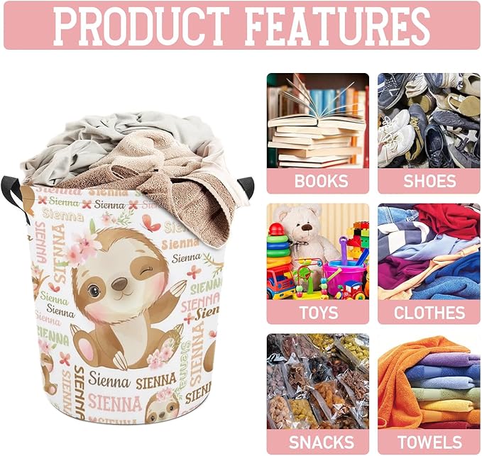 Sloth Laundry Basket,Personalized Laundry Hamper for Boys Girls,Custom Laundry Basket With Name, Customized Dirty Clothes Hamper for Bathroom Bedrooms,S-16.5"X 13.8"