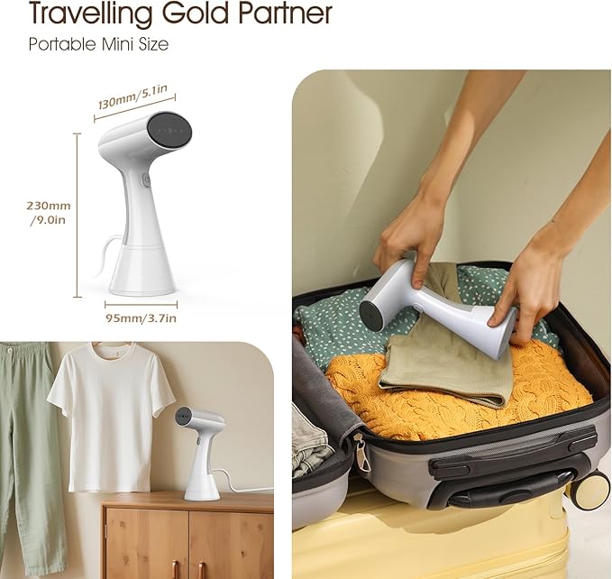 Handheld Garment Steamer - 1000W Portable Travel Steamer, 20s Rapid Heat-Up, 0.8kg Lightweight Fabric Iron with 302°F Dry Steam for Home and Travel, 220ml, White