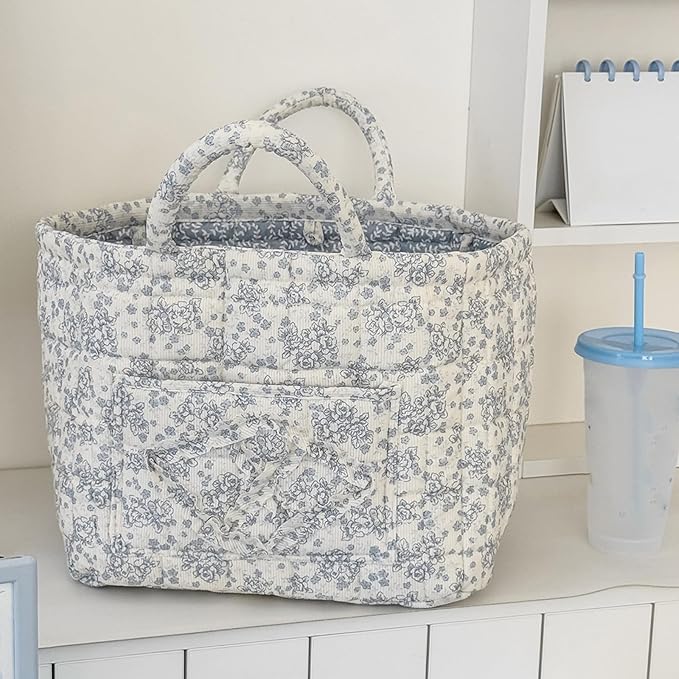 Floral Fabric Storage Basket Car Interior Storage Basket Underwear Sundries Laundry Baskets Supplies Home Organizer Bag (Blue)