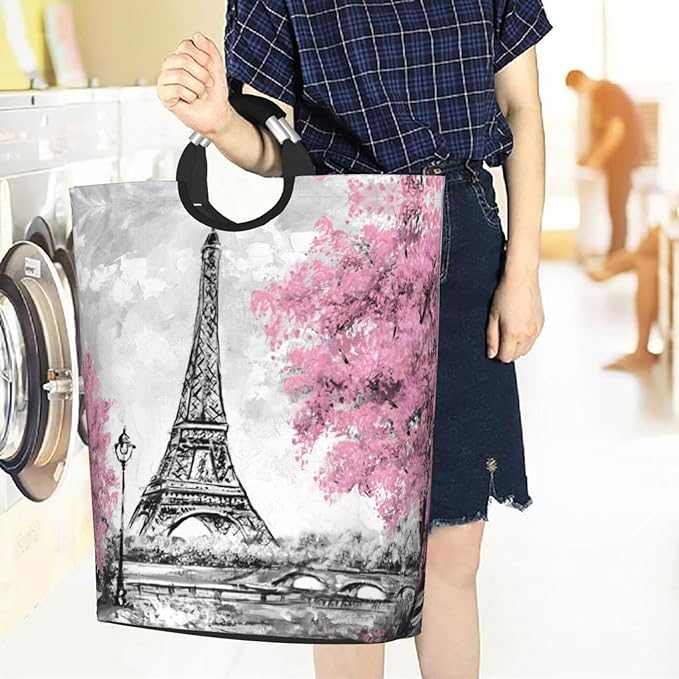 Retro Paris Eiffel Tower Laundry Hamper Storage Basket Toys Clothes Organizer Bin For Home Bathroom Bedroom Dorm Nursery, 52l