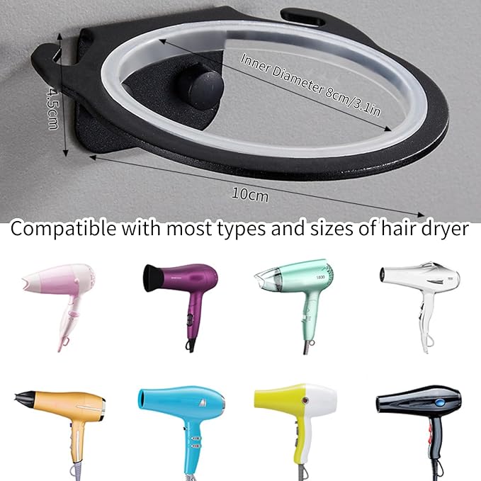 Mumusuki Universal Hair Dryer Holder, Wall Mount Blow Dryer Holder with Cord Storage Space Aluminum Bathroom Hair Tool Organizer for Universal Hairdryer