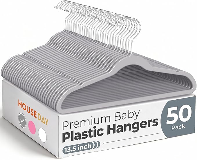 HOUSE DAY 13.5 Inch Kids Hangers 50 Pack - Premium ABS Plastic Clothes Hangers for Kids, Children, Preteens - Space Saving Thin Profile, Strong & Durable Hangers with 360° Swivel Hook - Gray
