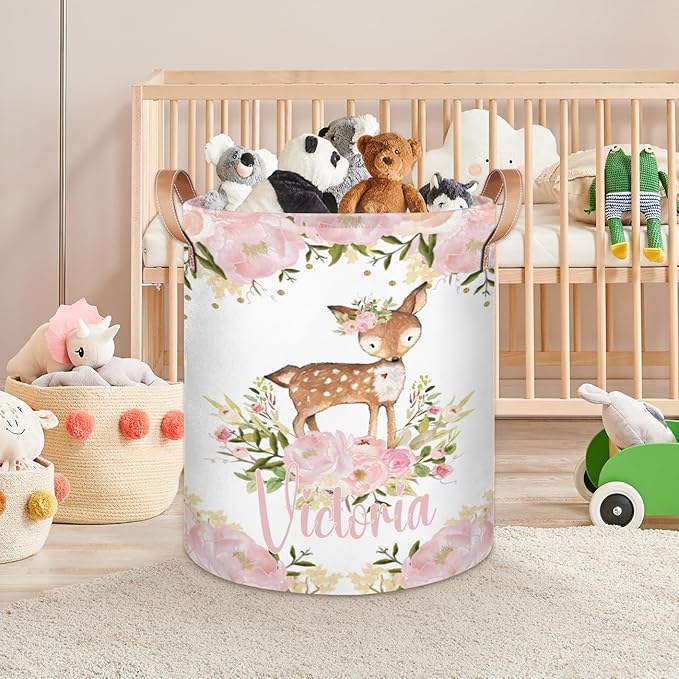 Personalized Laundry Basket, Custom Gift Laundry Hamper, Collapsible Nursery Waterproof Laundry Baskets, Dirty Clothes Toy Hamper with Handles Pretty Deer Woodland Forest