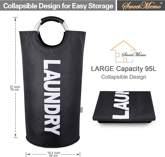 Laundry Basket 2 Pack Collapsible, Freestanding Clothes Hamper Bag with Handles – Tall Folding Dirty Laundry Bin，Sturdy Laundry Sorter for College Dorm, Laundry Room – 95L (Black)