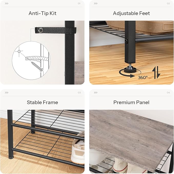 HOOBRO Hall Tree, Coat Rack with Shoe Rack, 39.4" Hall Tree with Bench, 5 Tier Shoe Storage Organizer with 9 Hooks for Entryway, Closet, Sturdy, Industrial, Greige and Black BG801MT01