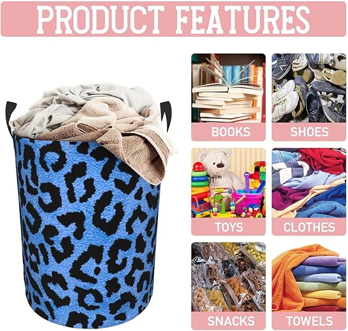 Blue Leopard Round Laundry Hamper Storage Basket Toys Clothes Organizer Bin For Home Bathroom Bedroom Dorm Nursery, 38l