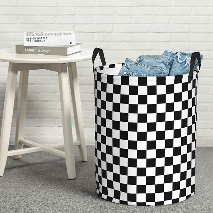 Laundry Basket Black White Checkered Decor - Waterproof Laundry Hamper Race Car Room Decor Collapsible Laundry Baskets With Handles - Toy/Clothes Storage Basket For Home Bedroom Bathroom Decor