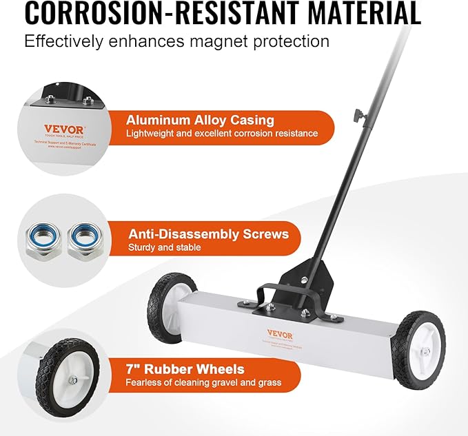 VEVOR Rolling Magnetic Sweeper with Wheels, 50Lbs 24-inch Large Magnet Pickup Lawn Sweeper with Telescoping Handle, Push-Type Magnetic Pick Up Sweeper, Easy Cleanup of Workshop Yard Garage