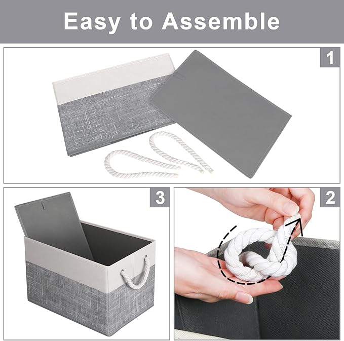 Fab totes Storage Bins [4-Pack], Foldable Storage Baskets for Organizing Toys, Books, Shelves, Closet, Large Storage Box with Rope Handles, Sturdy Organizer Bins, White & Grey