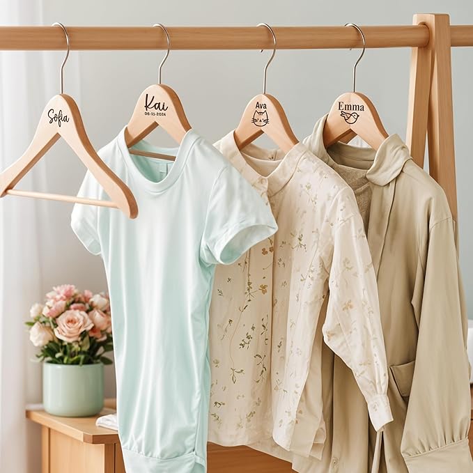 Personalized Baby Hangers with Name, Engraved Kids Hanger with Pants Bar for Children & Toddler Shirt Coat Holder with 360° Rotatable Hook, Closet Wardrobe for Children, Non Slip Hangers Gift- 2 Pack
