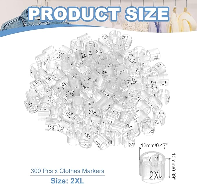 PATIKIL 300 Pcs Clothes Hanger Markers 2XL Fit Rod Garment Size Tag Hanger Clips Round Color Coding Label for Clothing, Clear