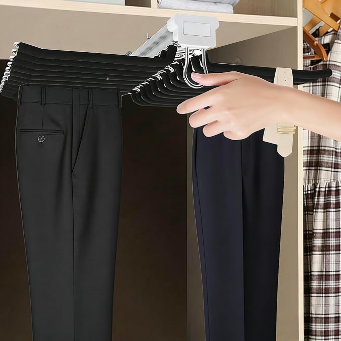 22 Arms Steel Slide Out Pants Rack Closet Pants Hanger Bar Pull Out Trousers Rack Tie Belts Scarf Racks, Top Mounted Wardrobe Clothes Organizers Rail Pull Out Closet Storage Rod-Black